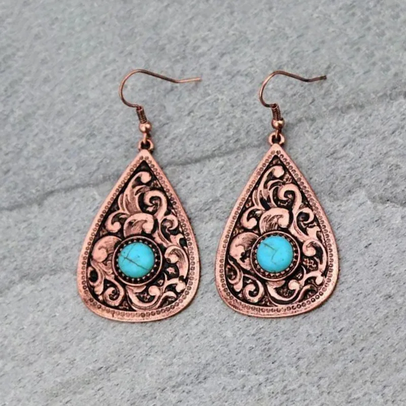 

Ethnic Round Inlaid Blue Stone Women Earrings Vintage Metal Bronze Color Water Droplet Hand Carved Patterns Dangle Earrings