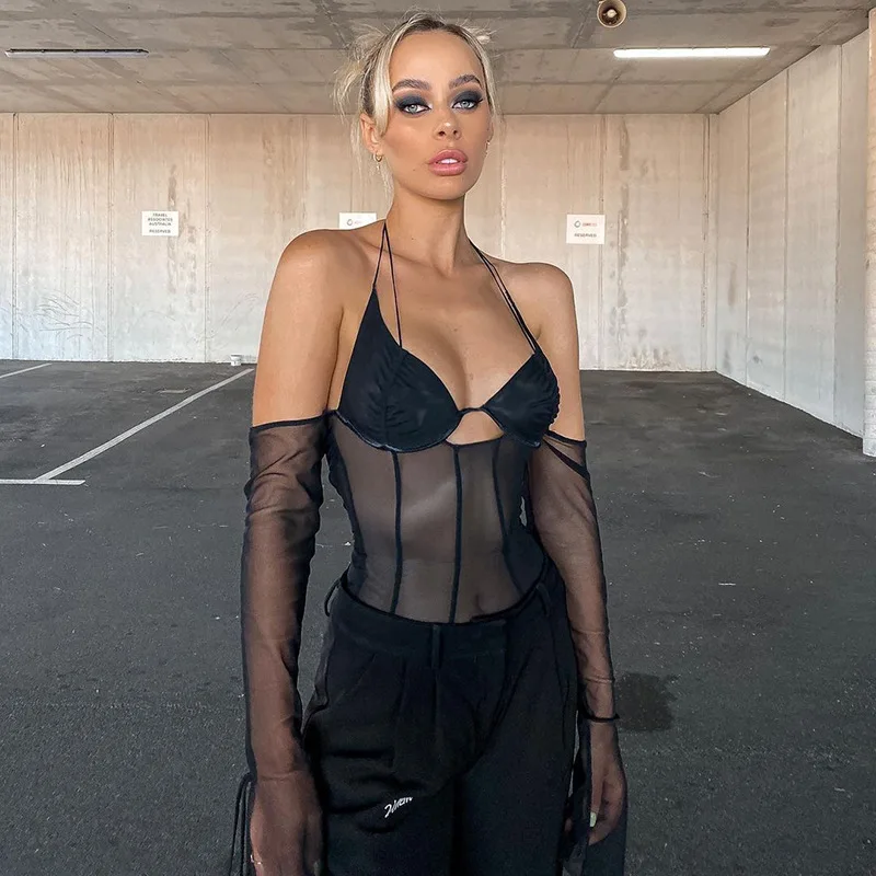 

Women's sexy mesh panel long sleeve neck hanging open navel suspender top open back self tie corset vest Camisole