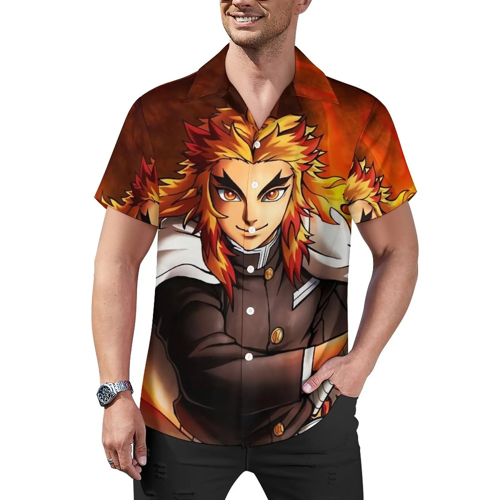

Demon Slayer Blouses Man Rengoku Kimetsu No Yaiba Casual Shirts Summer Short-Sleeve Fashion Oversized Beach Shirt Birthday Gift