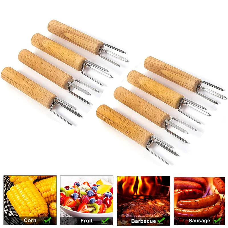 

Corn Skewer Holders Stainless Steel BBQ Beef Sausage Food Forks Outdoor Barbecue Wooden Handle Forks Kichen Tool Accessories