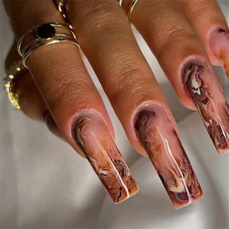 

CY088 Extra Long Brown Fake Nails Set Press on Faux Ongles with Designs