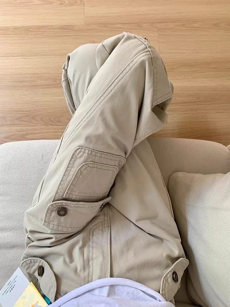 Бежевые брюки-клеш брюки-карго повседневные корейские модные дизайнерские брюки