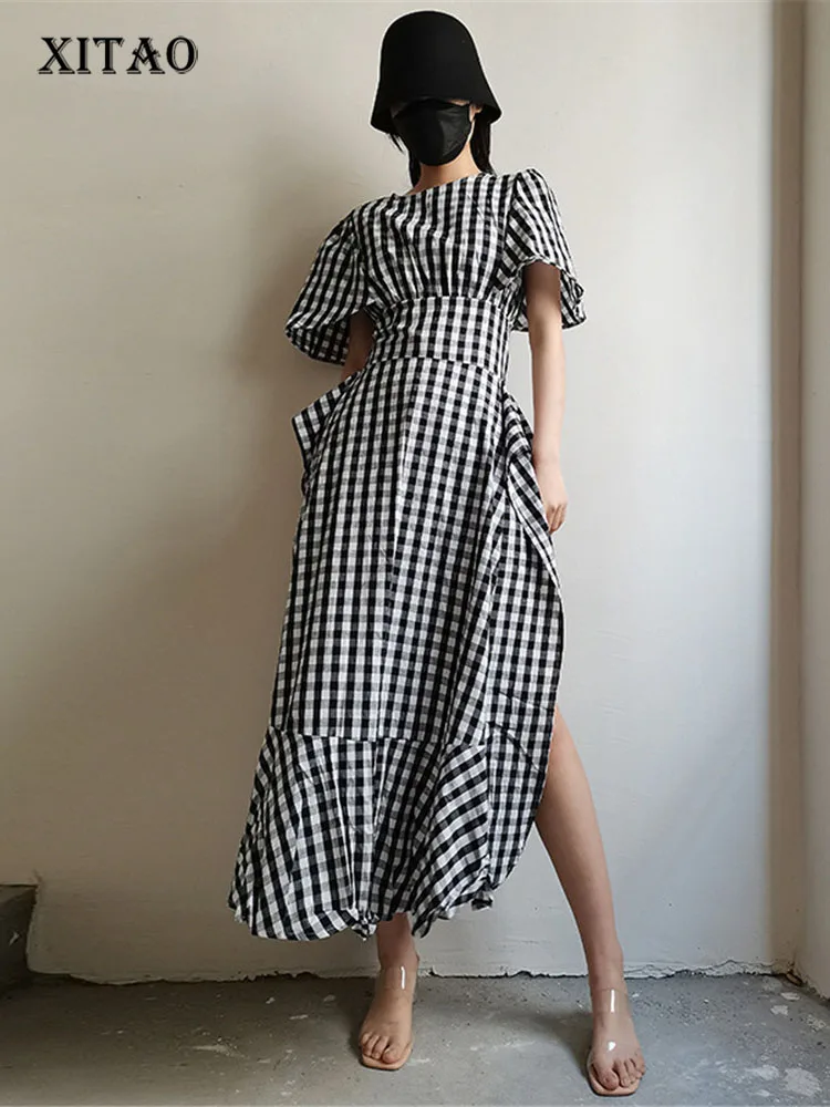 

XITAO Plaid Dress Irregular Split Goddess Fan Casual Style Waist 2022 Summer Pullover Minority Loose Dress Top WLD8160