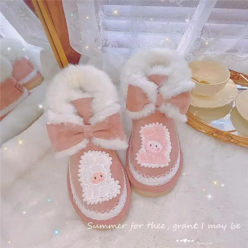 

Lovely winter warm boots with fleece Butterfly decoration Handmade custom fur one-piece boots Lace women's 35-39
