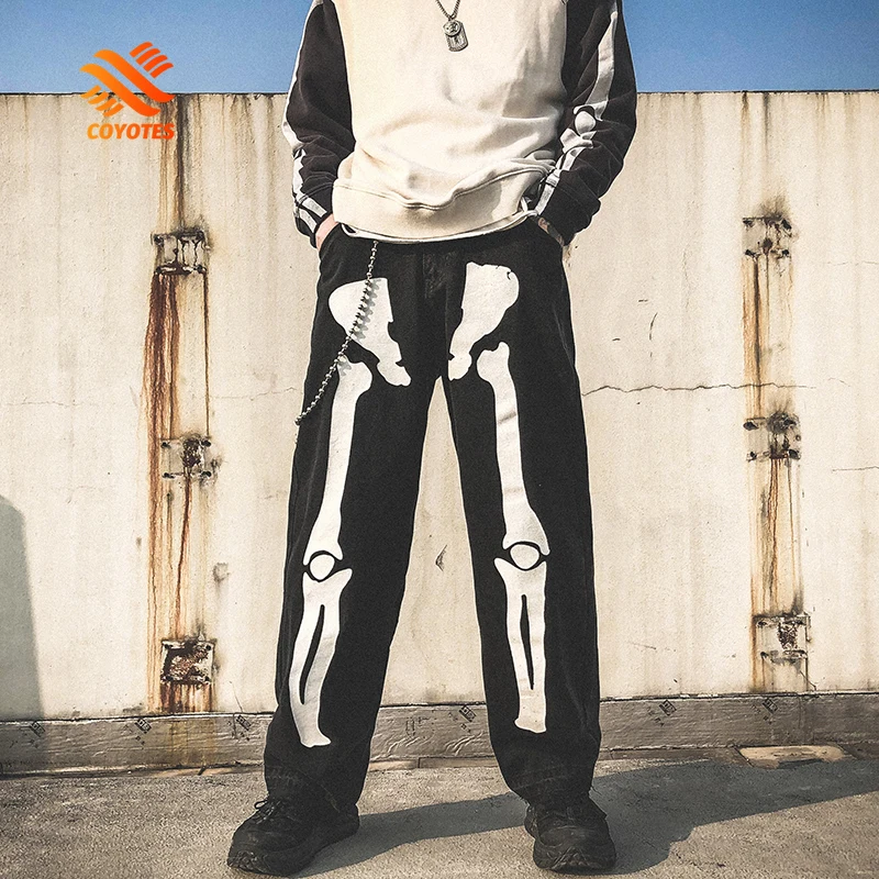 

FAVRE Men Jeans Skeleton Oversized Black Jeans Pants Denim Mens Streetwear Hip Hop Harem Pants High Wasit Denim Pants Overalls