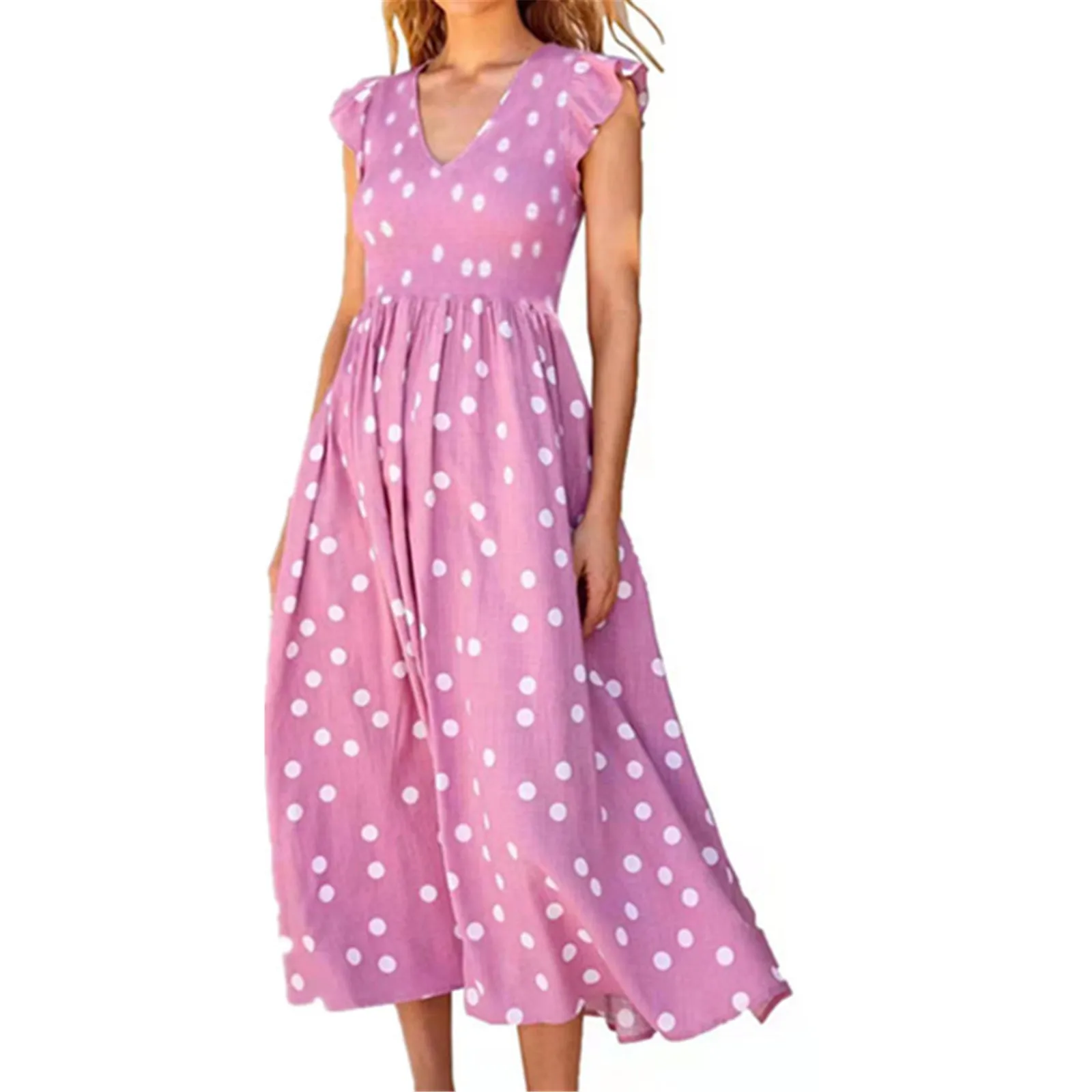 

Women's Casual Summer Dresses Ruffles Sleeveless Long Polka Dot Print Dress V Neck Pleated Vintage Tunics Dress Robe Femme