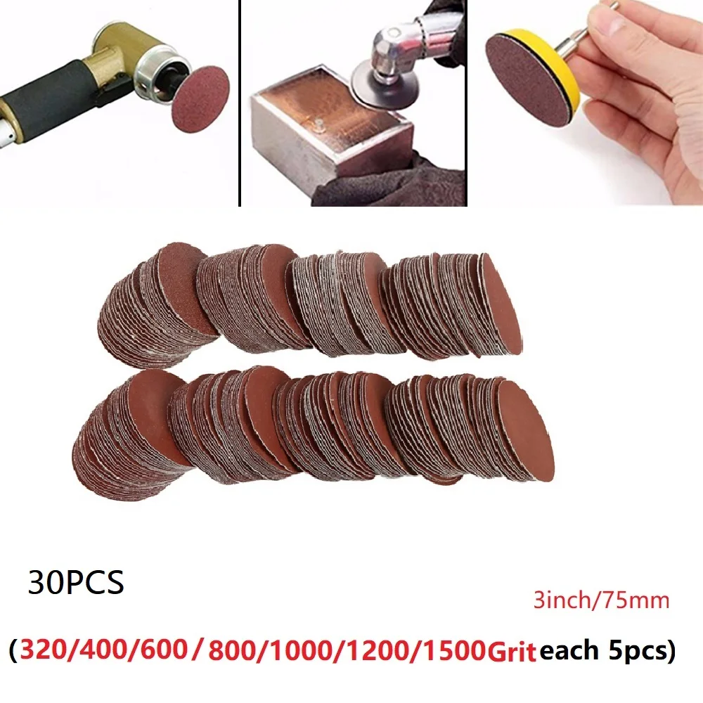 

30pcs 3inch 75mm Sanding Discs Hook Loop Assorted Orbital Sander Round Sandpaper Sheets 320/400/600/800/1000/1500 Grit