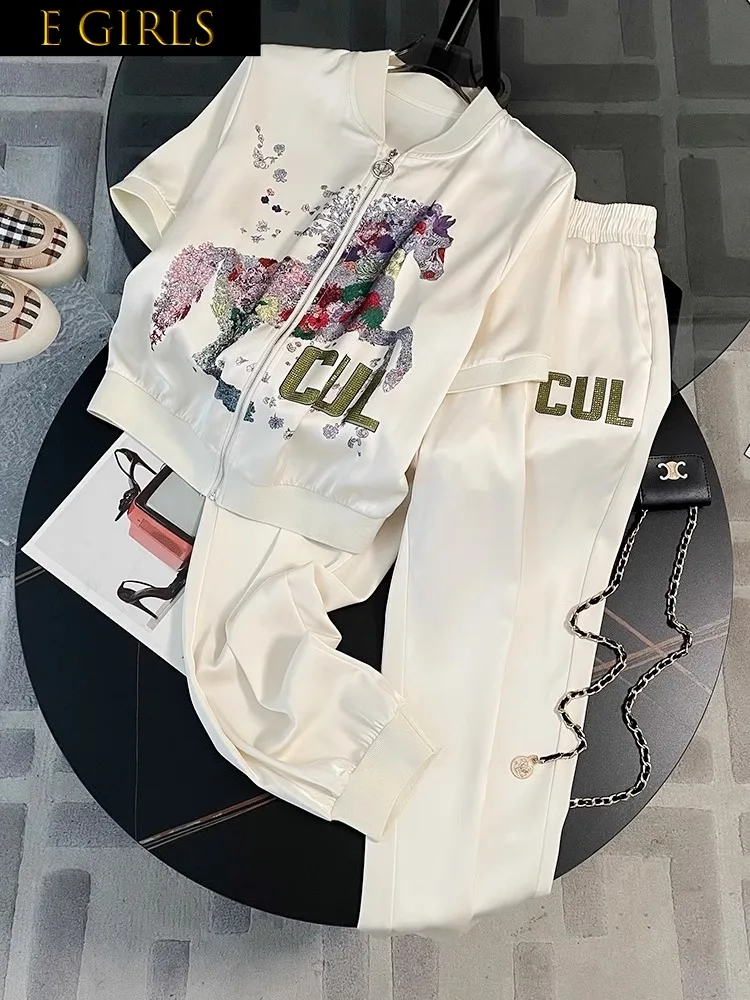 

F GIRLS 2023 Summer Outfit Short Sleeved Two Piece Set For Women Fashion Elegant Pattern Cardigan Coat+Casual Sports Wide Leg Pa