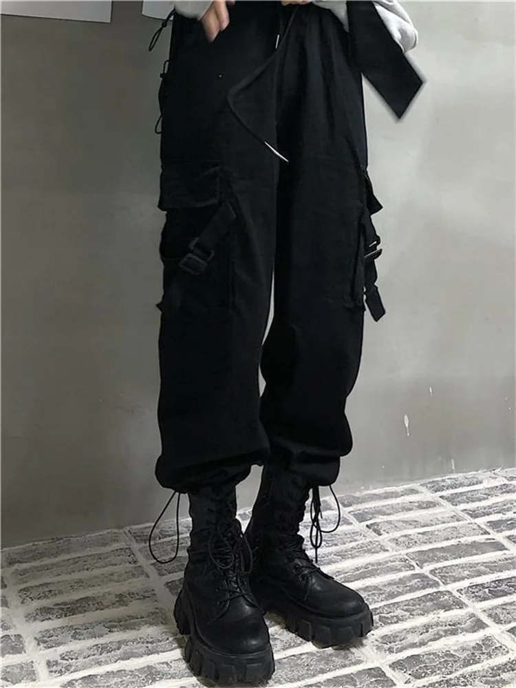 

Брюки-карго QWEEK в стиле хиппи Techwear женские, черные штаны в стиле Харадзюку, в готическом стиле, уличная одежда, джоггеры, брюки для женщин в стиле эмо, гранж
