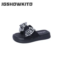girls outdoor slippers 2022 new summer little princess all match soft bottom rhinestone bow black pu casual flats breathable pu