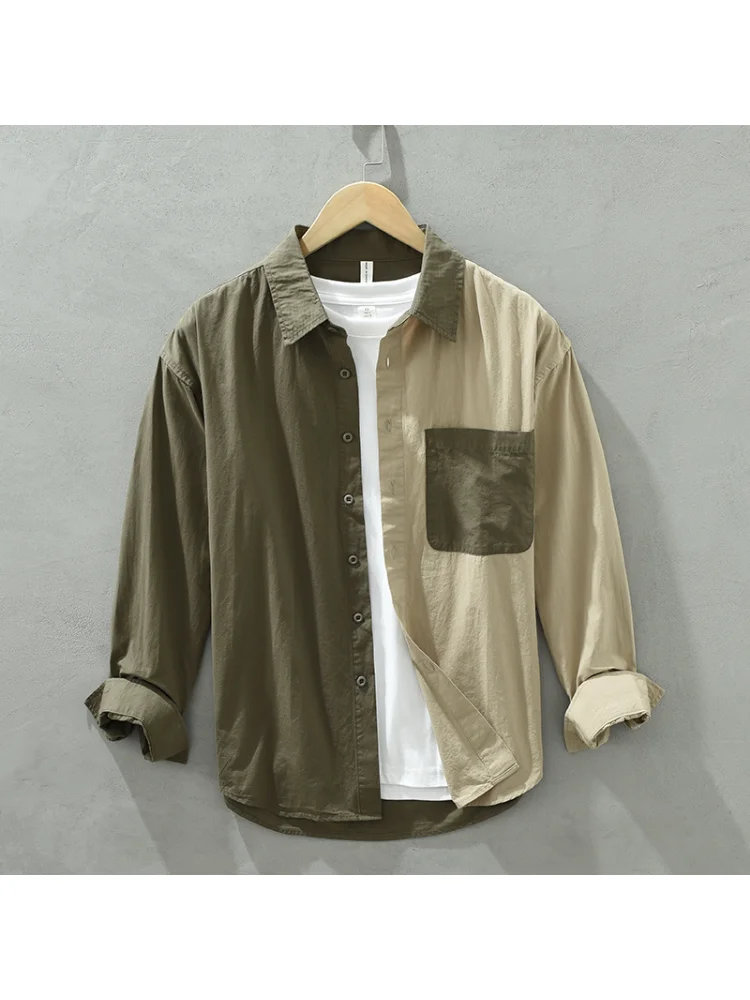 

2023 Autumn Winter New Men Retro Long-sleeved Shirt Stitching Fashion Trend Comfortable Loose Casual Army Green Top Mens Shirts