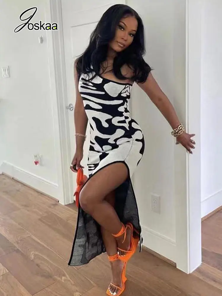 

Joskaa Knitted Winter Elegant Patchwork Maxi Dresses for Women 2022 Streetwear Sexy One Shoulder Sleeveless Split Bodycon Dress