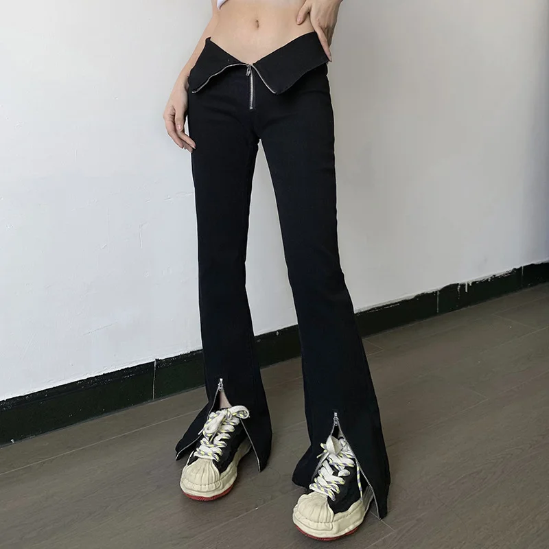 

2022 Low Waist Zipper Split V-shaped Trouser Skinny Distressed Jeans Woman Bell Bottoms Gothic Clothes Streetwear Punk Pants
