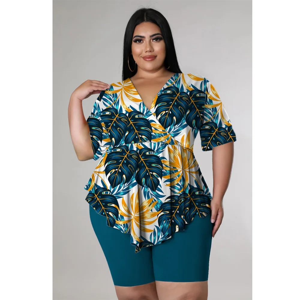 Plus Size Women 4xl Set Leaf Print Tops And Solid Pants 2022 Summer Two Piece Sets Lady Sweatshirt Female Tracksuit Wholesale
