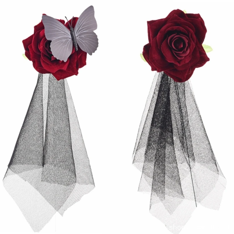 

Large Rose Flower Hair Clip with Black Tulle Hairpins Floral Brooches Pin