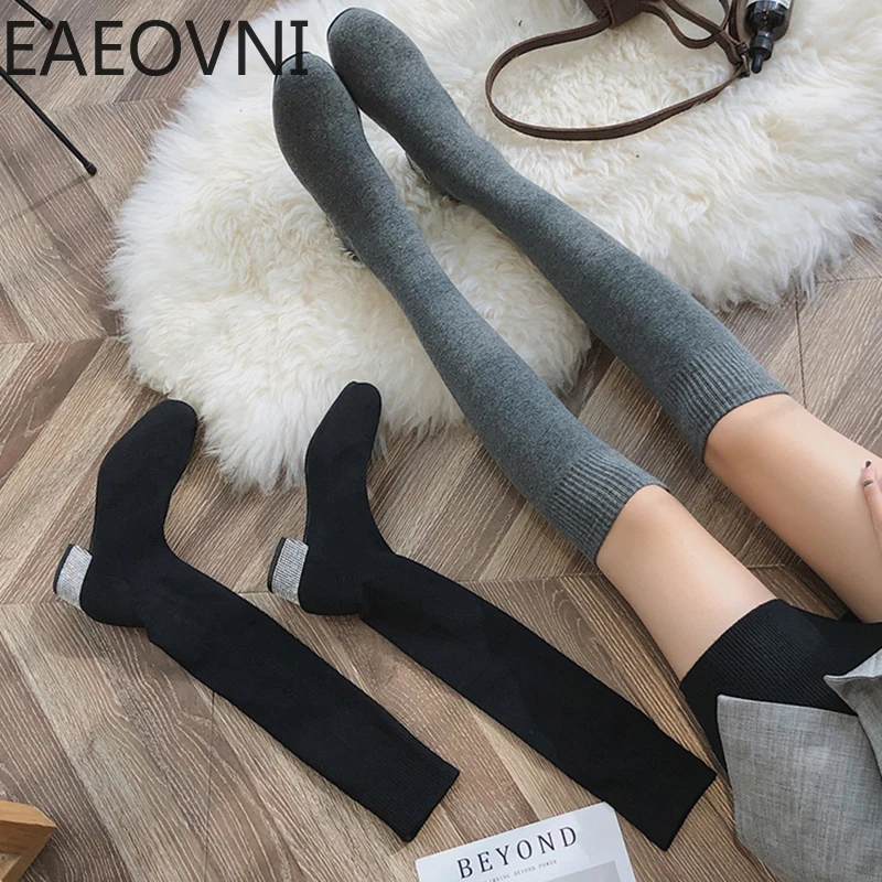 

Winter Woman Sock Over the Knee High Boots Fashion Slip On Long Boots Shoes Ladies Elegant Square High Heel Women's Pumps