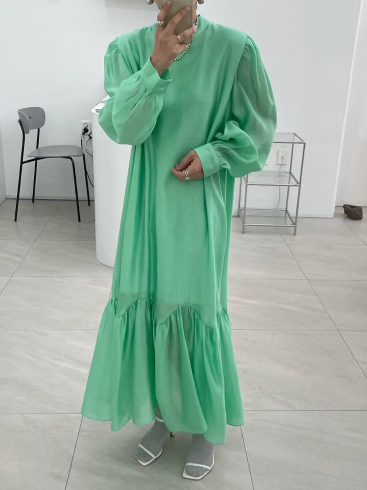 

Casual Solid Dress For Women Round Neck Loose Long Sleeve Patchwork Folds Ankle Length Dresses Female 2022 Fashion Style N789