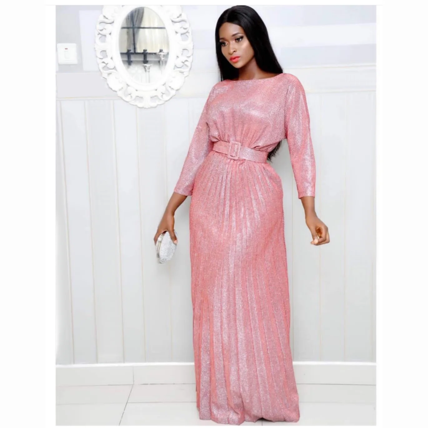 

Glitter Pink Pleated Dress African Women Party Evening Long Vestidos Slim Fit Belted Office Lady Autumn Winter Elegant Dresses