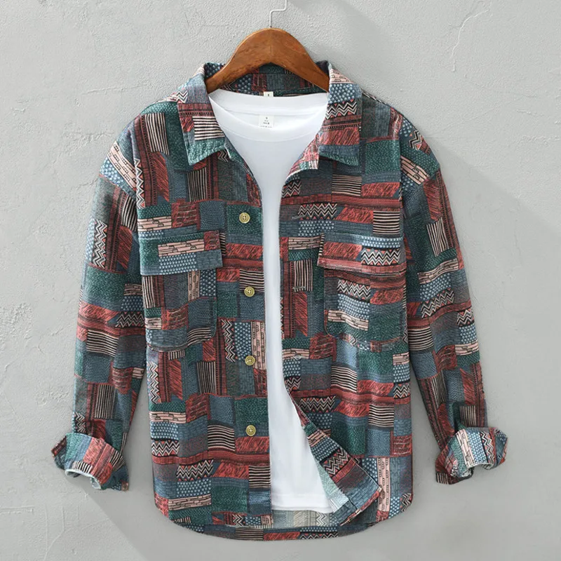 

Japanese Loose Full Printing Vintage Tops Shirt For Male Trendy Chic Double Pockets Casual Men Holiday Beach Thin Blouse Shirt