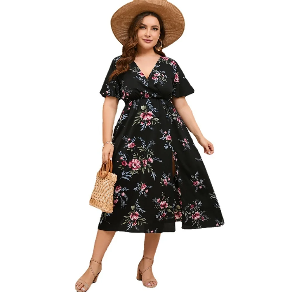 Plus Size 2023 Summer 3xl 4xl 5xl Women Chiffon Dress Floral Black Mid Dress Casual Bohemian Boho Dresses Ove 3xl 4xl 5xl 6xl
