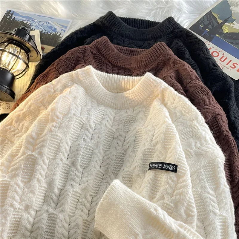 Осенне-зимний вязаный свитер мужской свободный крой с круглым вырезом