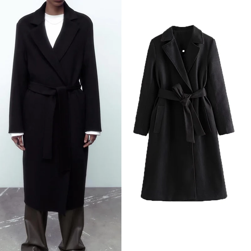 

In Winter 2022 The New Lapel Lace-up Waist Slimming Middle And Long Lazy Temperament Fashionable Woolen Coat Women