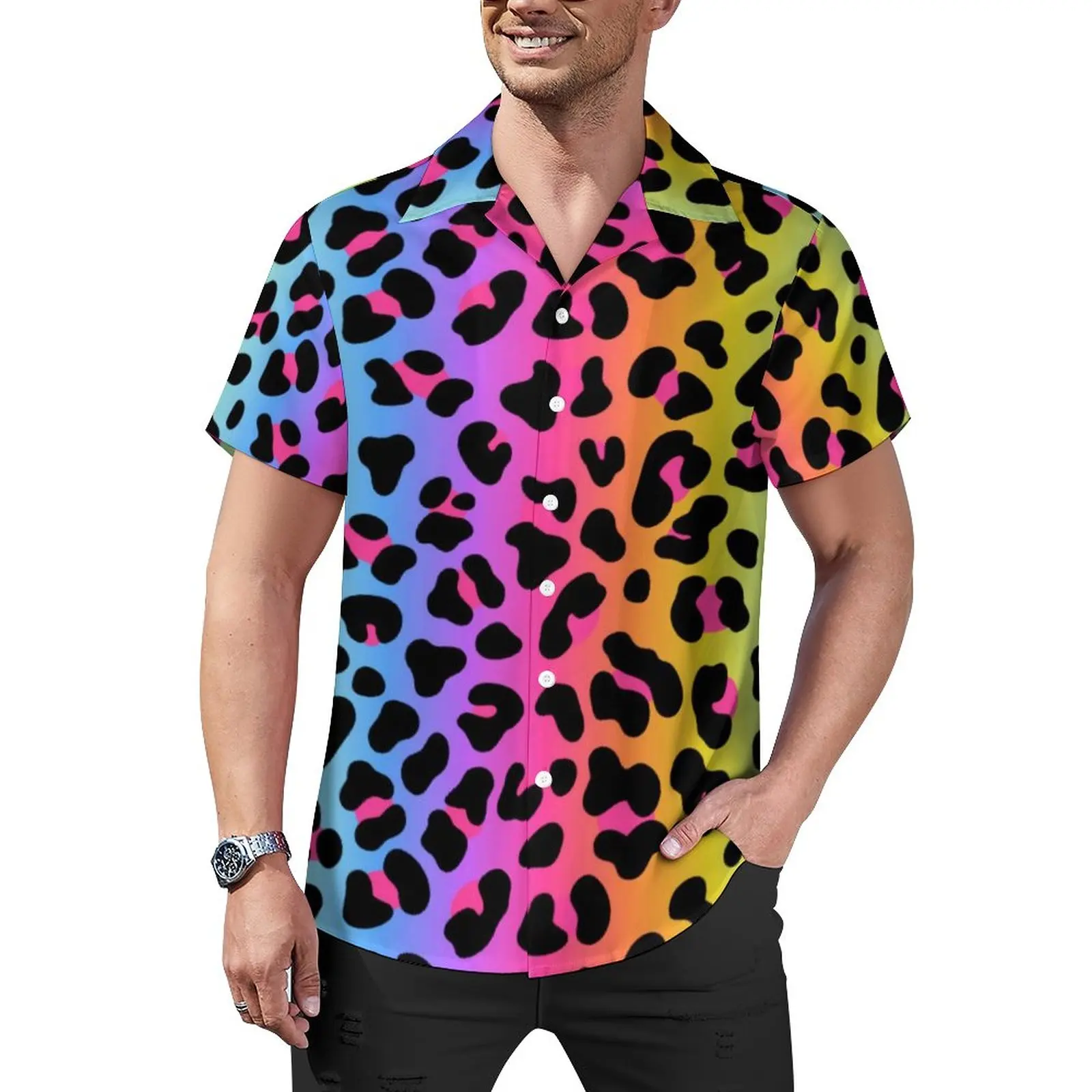 

Rainbow Leopard Loose Shirt Man Beach Animalier Print Casual Shirts Hawaiian Printed Short Sleeve Harajuku Oversize Blouses