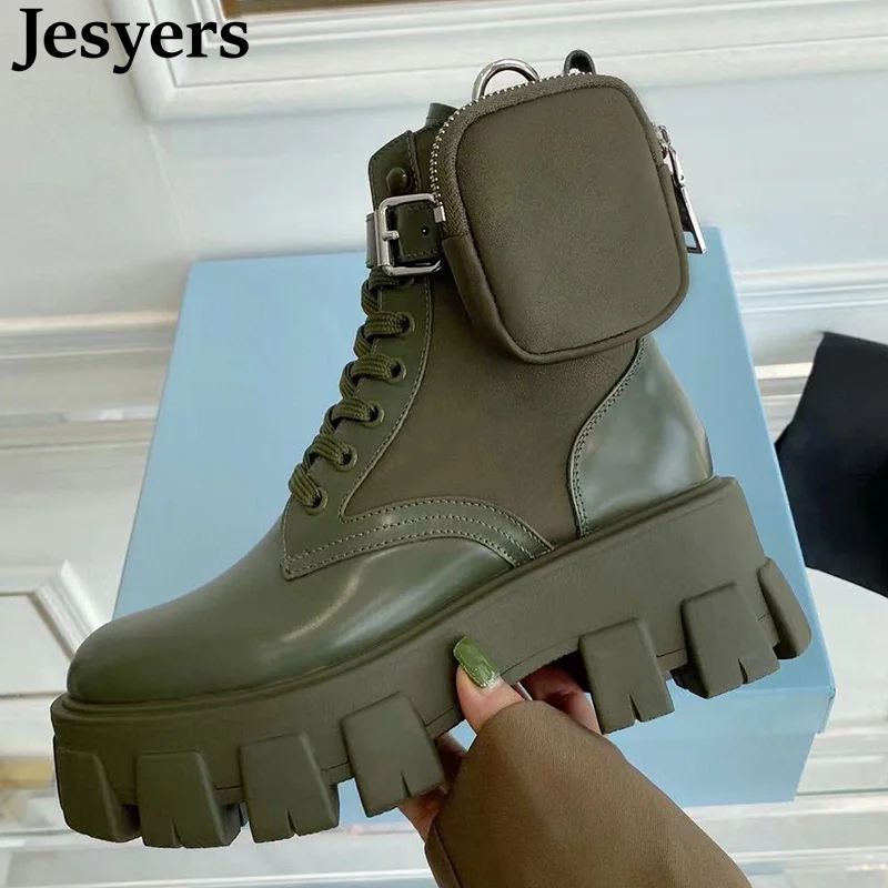

Ankle Boots Chunky Heel Thick Sole short boots Women’s Genuine leather Solid Belt Buckle Pocket Casual Shoes Spring Flat Shoes