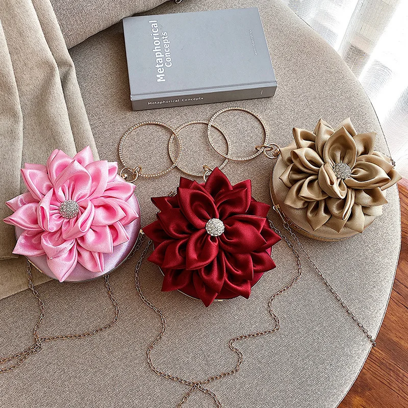 

Clutch Purse Women Red Flower Round Evening Bag Crystal Diamond Wedding Silk Handbag Exquisite Chain Shoulder Bags Xmas Gifts