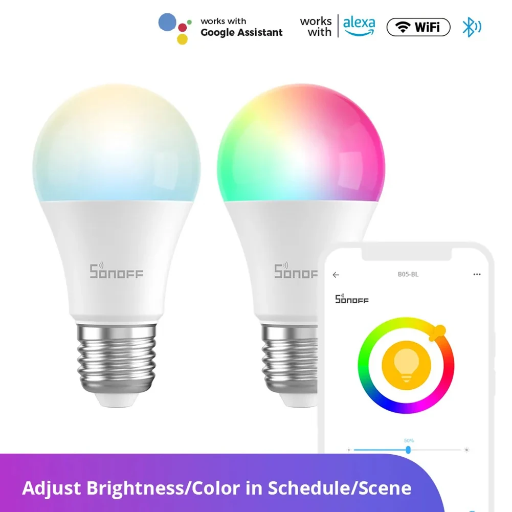 SONOFF-bombilla LED inteligente con WiFi, B02-BL, RGBCW, temporizador, atenuación, cambio de Color, funciona con la aplicación Ewelink, Alexa, Google, 110V, 220V