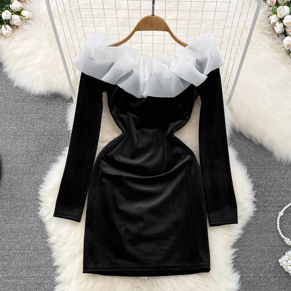 

Осенне-зимнее французское винтажное Сетчатое строченное платье с воротником в виде листьев лотоса, плечами и талией, тонкое бархатное плат...