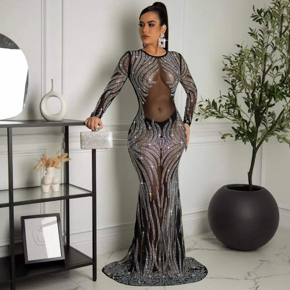 

Dashiki African Women Long Sleeve Maxi Dresses Long Sleeve Bodycon Sexy Shiny Celebrate Occasion Africa Robes Birthday Event