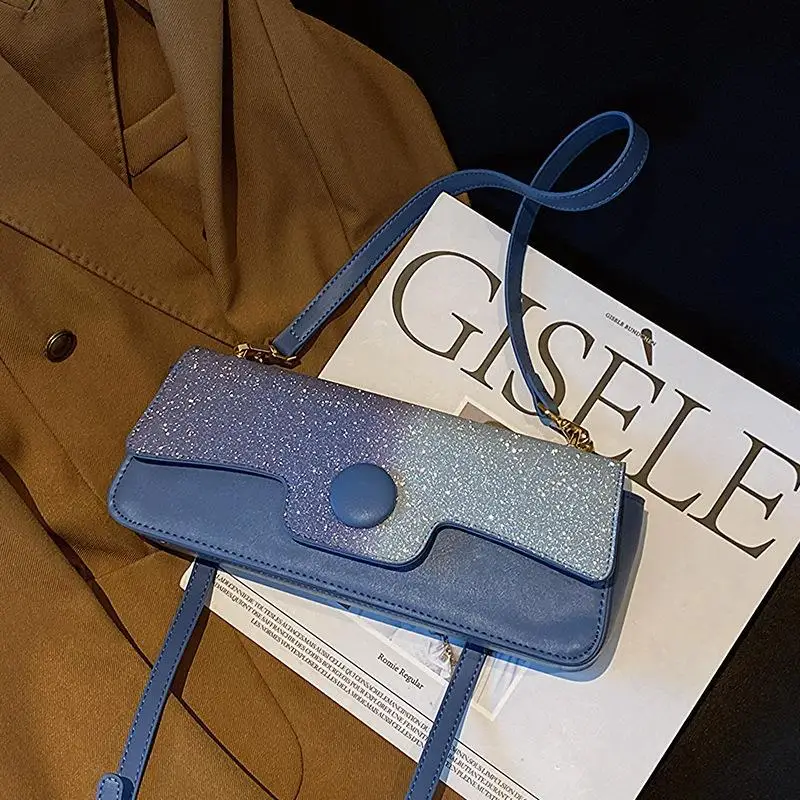 

Shiny Design Blue Solid Color Handbag 2023 New Foreign Style Single Shoulder Bag Summer Women Designer Texture Messenger Bag