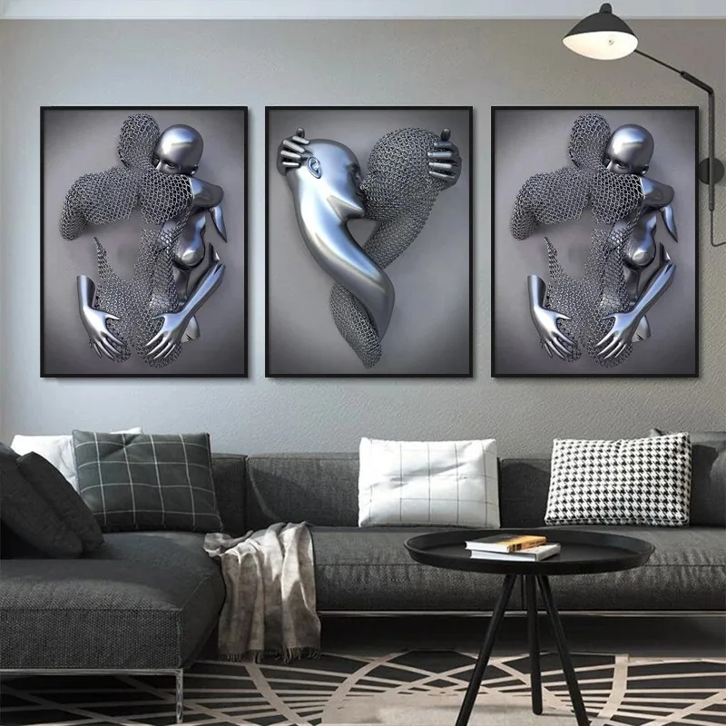 

Creative Metal Figure Hugging Sculpture Frameless Poster Hanging Painting Modern Sofa Background Wall Decoration Painting