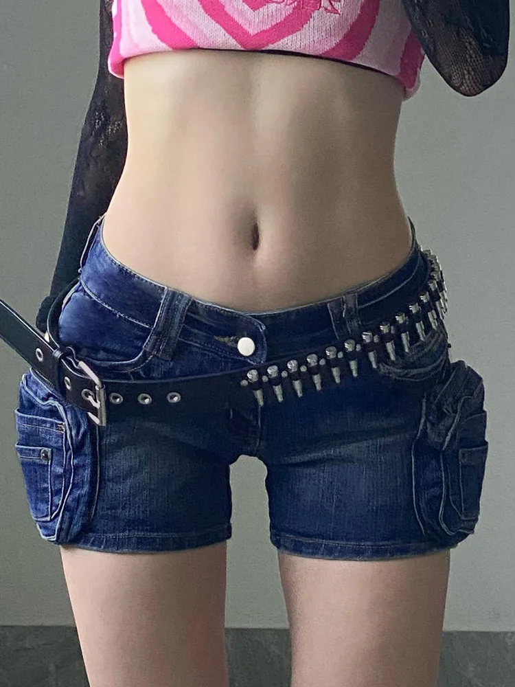 Rockmore Low Waist Mini Jeans Shorts Y2K Street Skinny Sexy Hot Denim Shorts Summer Chic Slim Pockets Cargo Pants Korean Bottoms