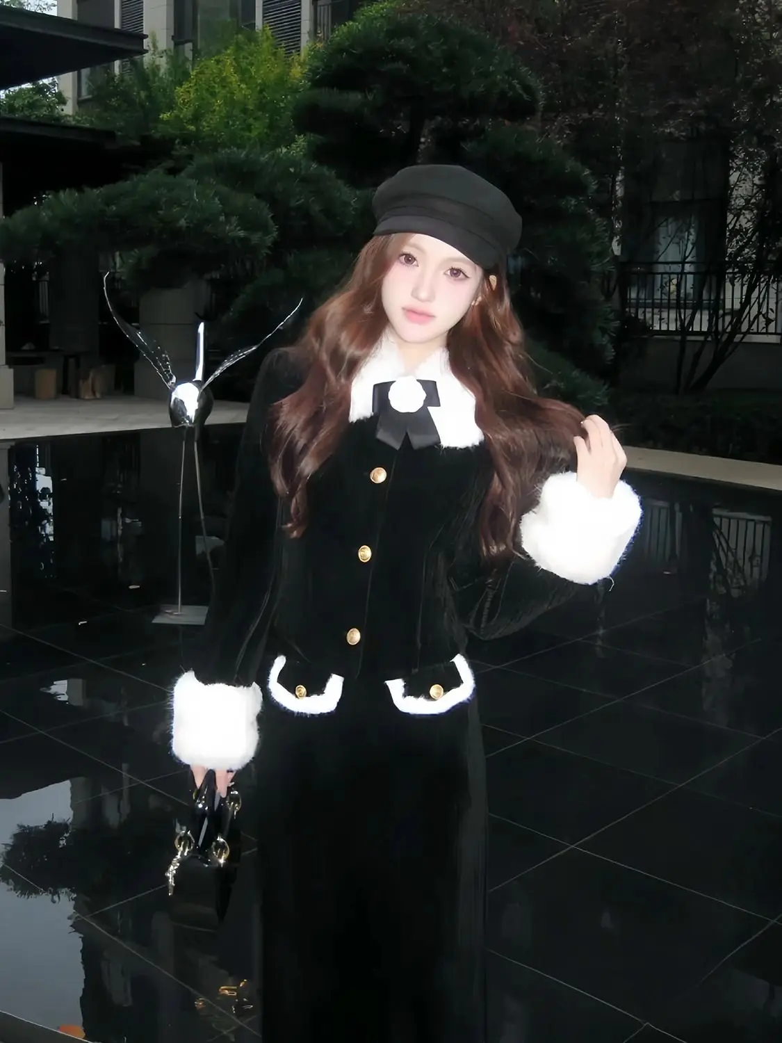 Лоскутное платье с меховым воротником зимнее Новое утепленное повседневное