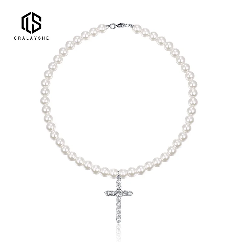 

Punk Pearl Beads Chain Iced Out Bling 5A Cross Pendant Necklace Men Hiphop Stainless Steel Choker Necklace 2022 Fashion Jewelry