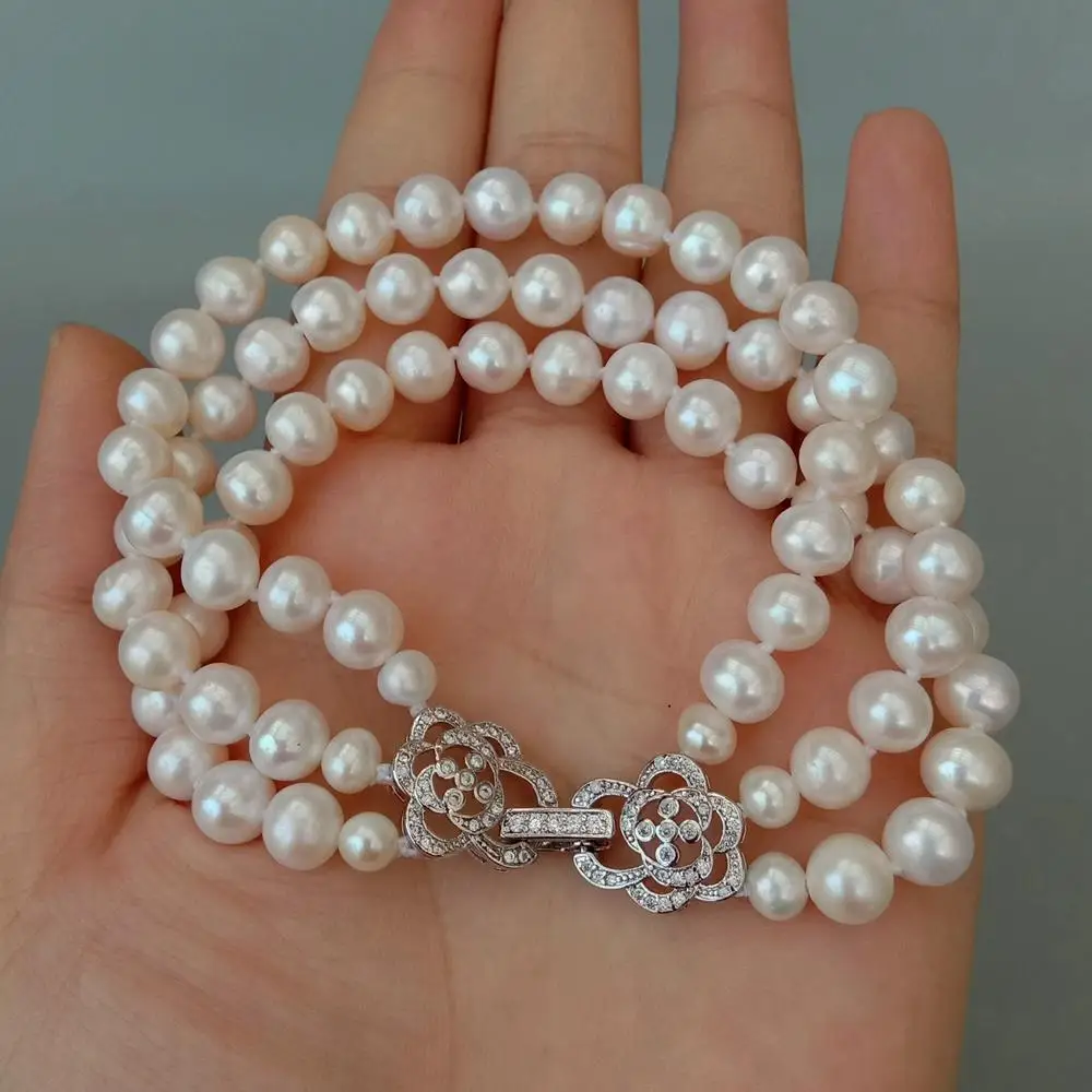 

Y.YING 3 Rows Handmade Cultured White Pearl Bracelet Ladies Wedding Vintage Jewelry Exquisite Gift