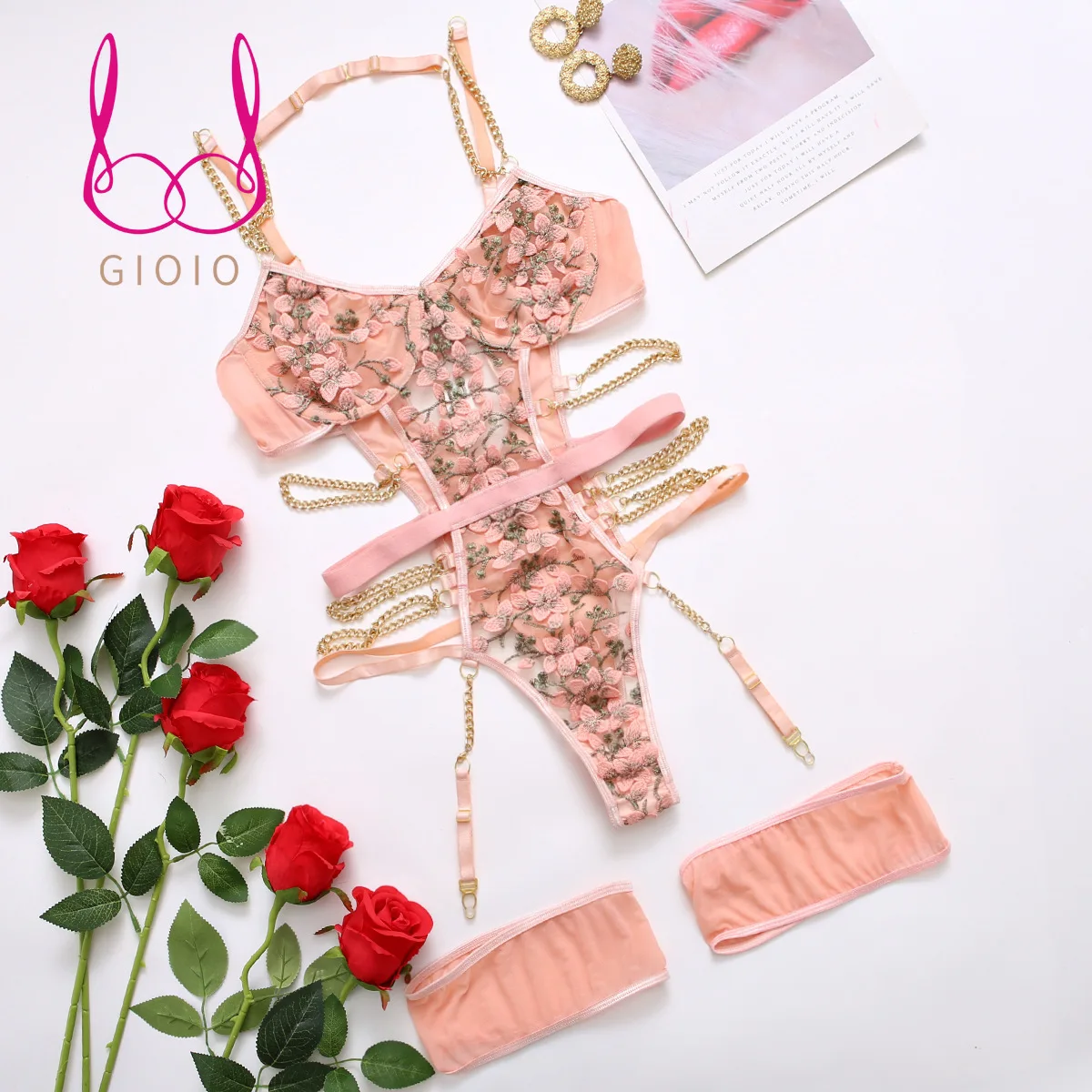 

3Piece Set Flower Embroidery Lace Underwear Bodysuit Sexy Women Lingerie See-through Chain Garter Hot Exotic Intimate Sleepwear
