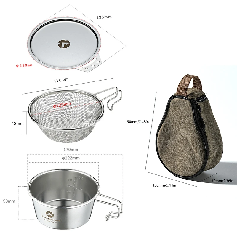 

New 4-in-1 Stainless Steel Sierra Cup Bowl Kit 450ml with Mesh Strainer Lid and Storage Bag Travel Tableware Camping Cookware