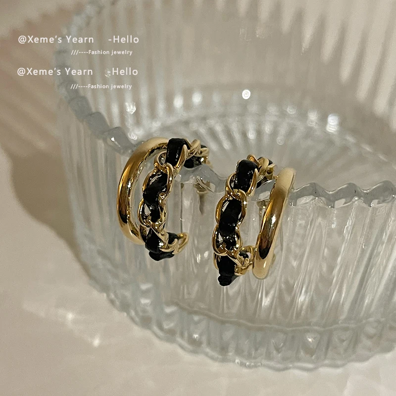 

French Retro Black Velvet Double-Layer C-shaped Gold Earrings 2022 Korean New Party Fashion Accessories For Woman Gilrs jewelry