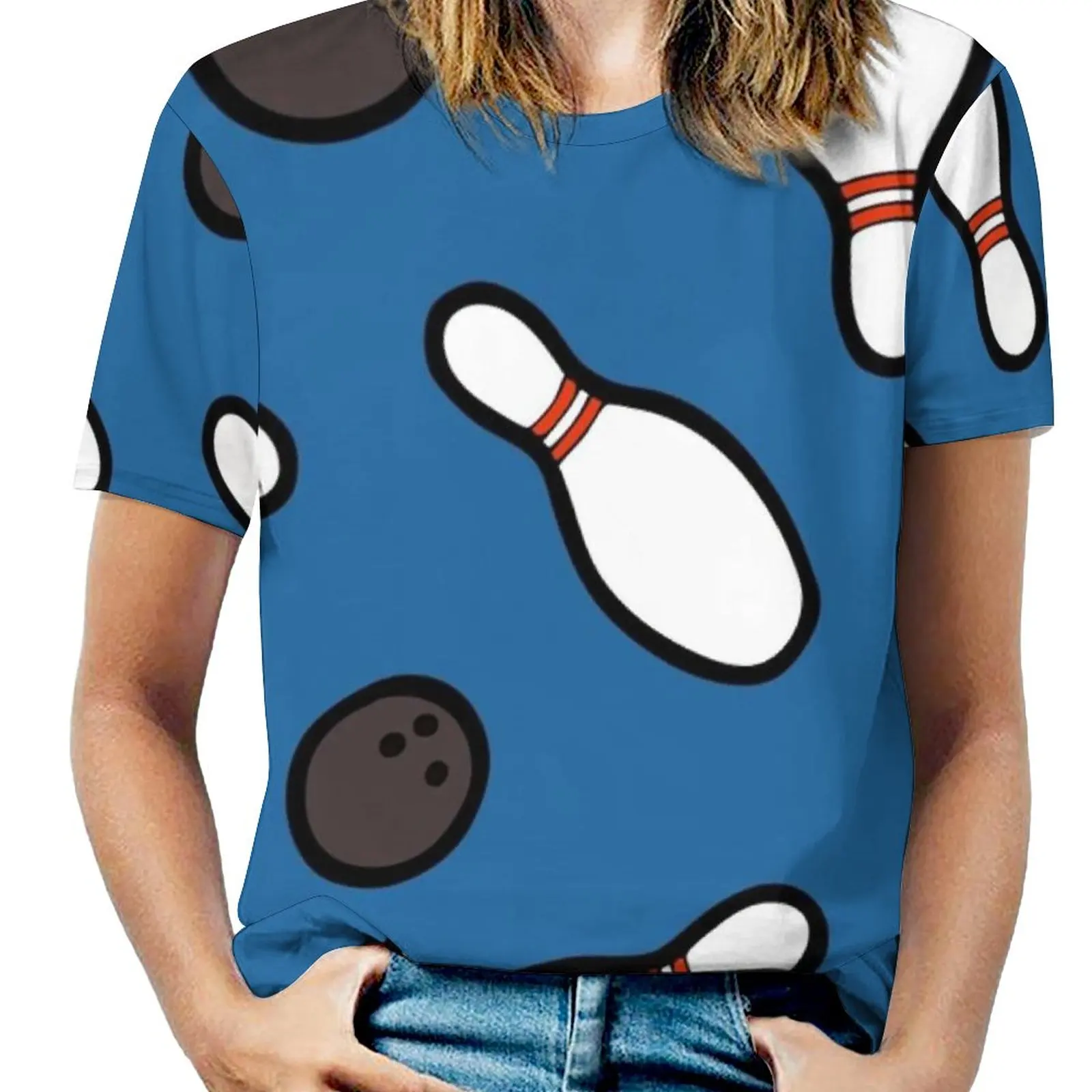 

Женская футболка для боулинга с рисунком, повседневный топ с круглым вырезом и коротким рукавом, летние тройники для боулинга, десять чаш, мячи, шарики, 50