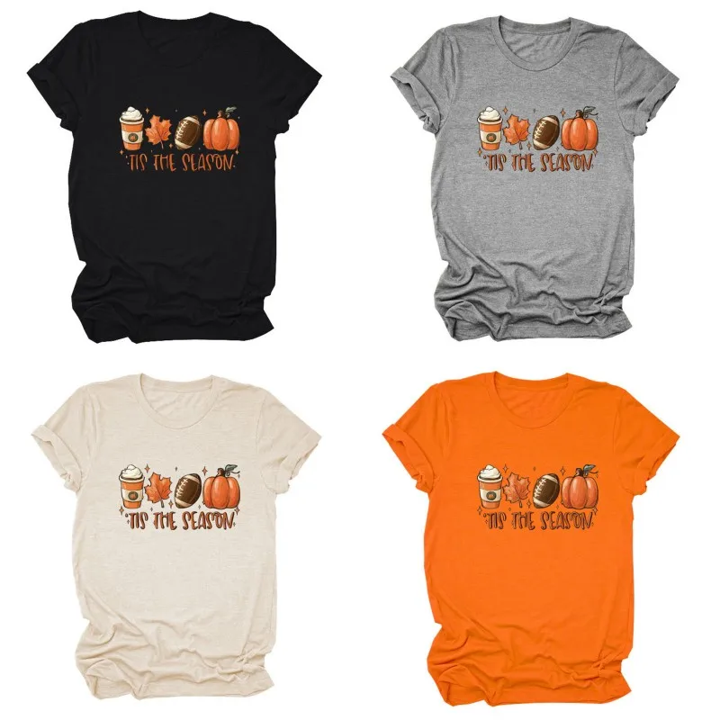 

Crew Neck Latte Coffee Printed Shirt Short Sleeve Women Pumpkin T Shirt Festival Style Tis The Season Shirt Casual Daily Outfit