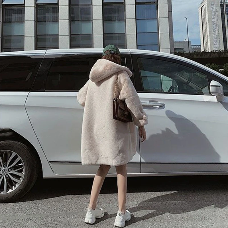 yellow Women Winter Faux Fur Long Coat Casual Sweet Solid Warm Soft Fur Hooded Jacket 2022 Fashion Loose Thicken  Coat