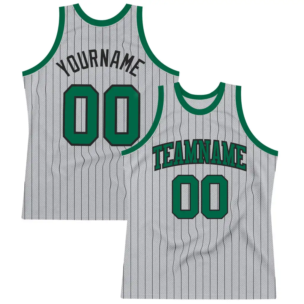 

Custom Gray Black Pinstripe Kelly Green Authentic Shirts With Basketball Designs