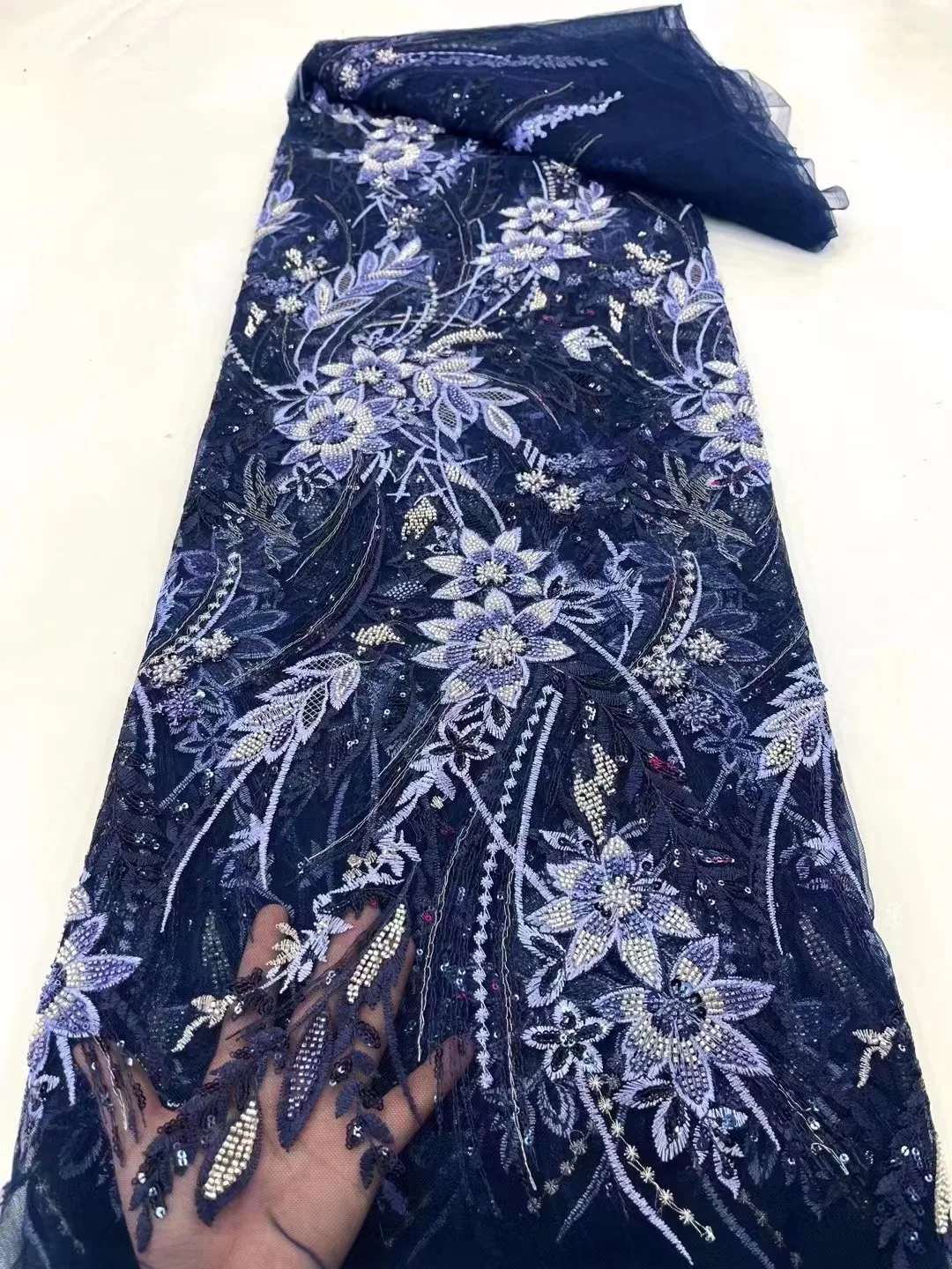 

Luxury African Heavy Bead Lace Fabric 2023 High Quality 5 Yards Nigerian Sequins French Tulle Fabric Material For Wedding Party