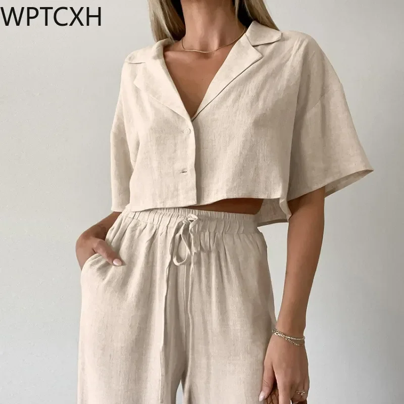 

WPTCXH Summer Relaxed Casual Comfort Pajamas Two Piece Sets Cotton Linen Short Sleeved LongTrousers Women Home Wear Loungewear