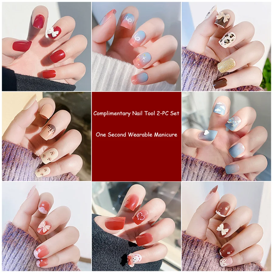 

24Pc/Box Fake Nails Press on Short Reusable with Designs Set Charms French Artificial Kawaii False Tipsy Stick-on Nails Tips Art