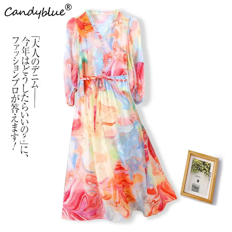 

Pink Flower Luxury Print Thin Vintage V-Neck Loose Long Sleeve Women's Dress Korean Fashion Knee-Length Dresses for Women 2023