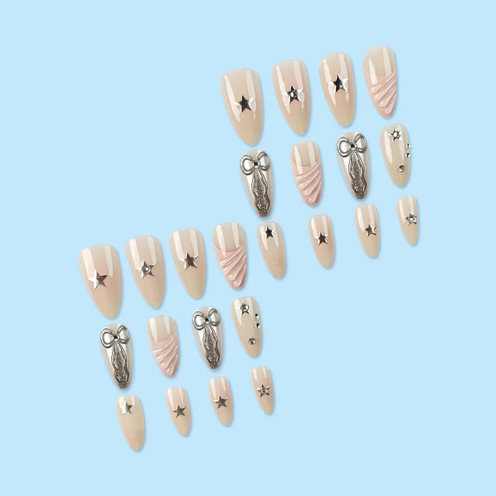 24 шт. розовые французские накладные ногти длинные миндалевидные стразы звезда Y2k